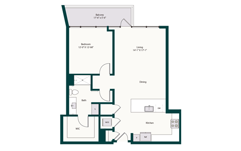 Floor plan for 1 bed, 1 bath, 930 sqft